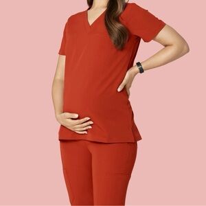 Two Sets of Women's V-Neck Scrub Top And Bottom- Rust Orange and Purple